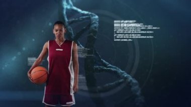 Afro-Amerikan bayan basketbol oyuncusu üzerinde veri işleme ve DNA iplikçiklerinin animasyonu. global spor, bağlantılar, dijital arayüz ve teknoloji konsepti dijital olarak oluşturulmuş video.