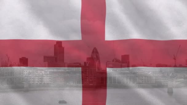 Анімація Прапора Англії Над Міським Пейзажем Сент Джордж День Концепція — стокове відео
