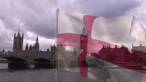 Animação Bandeira Inglaterra Sobre Paisagem Urbana George Dia Celebração Conceito — Vídeo de Stock