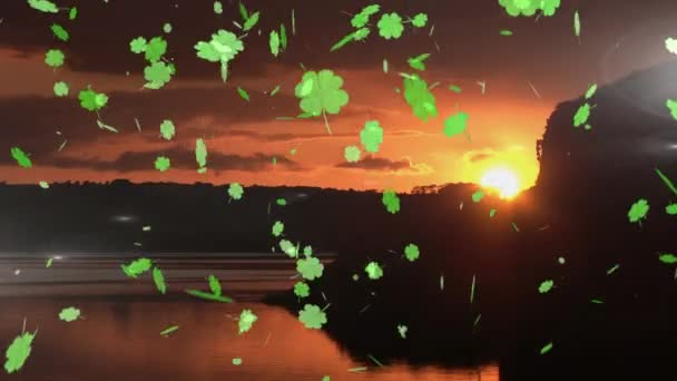 Анімація Значків Конюшини Над Ландшафтом Ірландська Традиція Святкування Дня Святкування — стокове відео