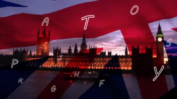 都市の上に文字や英国のフラグのアニメーション 英語の日とお祝いの概念デジタルで生成されたビデオ — ストック動画