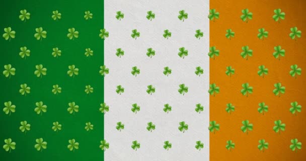 複数のクローバーの葉のデジタルアニメーションは アイルランドの旗に向かって移動します ハッピー パークのお祝いのコンセプト — ストック動画