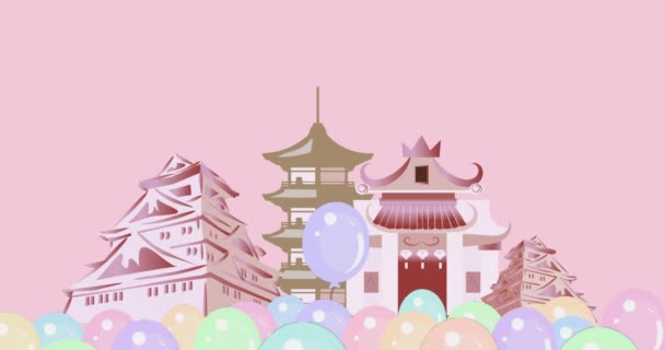 Animation Von Luftballons Und Asiatischem Stadtbild Auf Rosa Hintergrund Party — Stockvideo