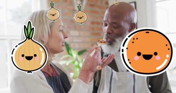 Çeşitli Çiftlerin Birlikte Yemek Pişirmesi Üzerine Yemek Ikonlarının Animasyonu Hobi — Stok video