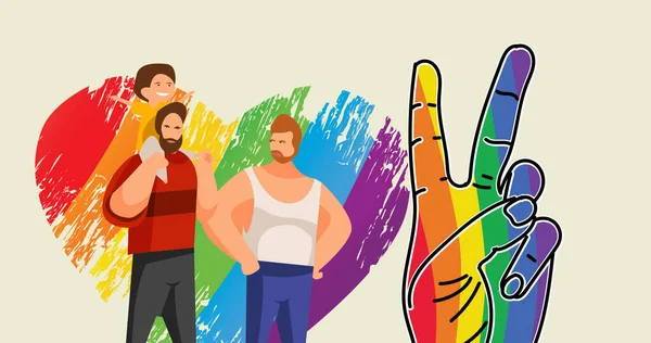 Male Gay Couple Kid Rainbow Colored Heart Hand Peace Sign — Stock Photo, Image
