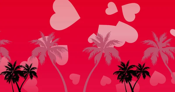 Bild Von Palmen Und Herzen Auf Rotem Hintergrund Sommer Muster — Stockfoto
