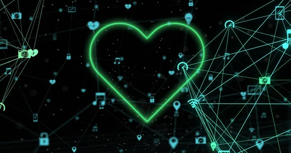 Kalbin Üzerindeki Bağlantı Ağının Görüntüsü Iletişim Teknolojisi Veri Paylaşımı Dijital — Stok fotoğraf