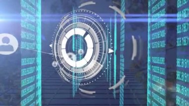 Ağaçlar üzerinde tarama yapan simgelerle ve kapsamıyla bağlantı ağının animasyonu. küresel iş, finans, bağlantılar ve dijital arayüz konsepti dijital olarak oluşturulmuş video.