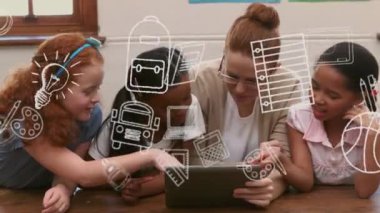 Okuldaki çeşitli okul öğrencileri üzerine düşen okul malzemelerinin animasyonu. öğrenim ve eğitim kavramı dijital olarak oluşturulmuş video.