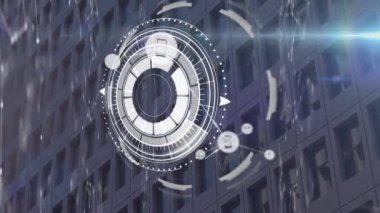 Bina üzerinde simgelerle ve taramalarla bağlantı ağının animasyonu. küresel iş, finans, bağlantılar ve dijital arayüz konsepti dijital olarak oluşturulmuş video.