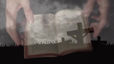 Kafkas kadının haç ve bulutların üzerinde İncil okuduğu animasyon. din ve inanç kavramı dijital olarak oluşturulan video.