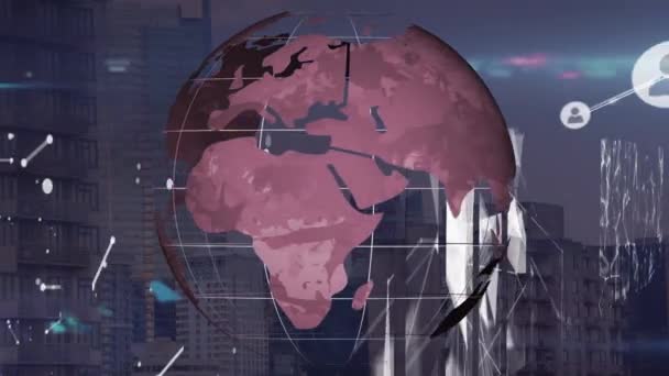 Animáció Hálózat Kapcsolatok Ikonok Világ Felett Városkép Globális Üzleti Pénzügyek — Stock videók