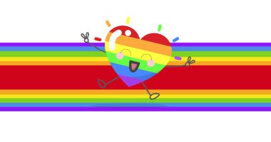 Gökkuşağı çizgileri üzerinde gülümseyen gökkuşağı kalbinin görüntüsü. lgbtq gurur ve eşitlik kutlaması konsepti dijital olarak oluşturulmuş görüntü.