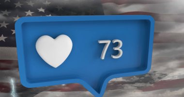 Amerikan bayrağı üzerinde konuşma baloncukları olan bir kalp ikonu. küresel sosyal medya ve iletişim konsepti dijital olarak oluşturulmuş görüntü.