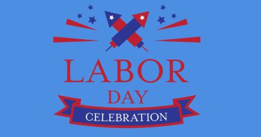 Mutlu çalışma metninin dijital görüntüsü ve mavi arka planda havai fişekler. Amerikan İşçi Bayramı konsepti