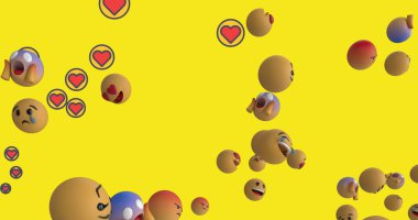 Sarı arkaplanda yüzen birden fazla yüz emojisi ve kalp simgeleri. Dijital olarak oluşturulan küresel sosyal medya ağı konsepti.