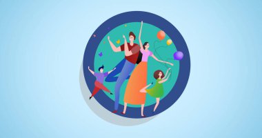 Mavi arka planda oynayan aile kompozisyonu. Mutlu aile, sevgi ve destek konsepti dijital olarak oluşturulmuş imaj.