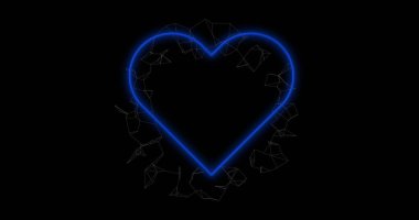Siyah arkaplanda dönen bağlantılarda yanıp sönen neon kalp ikonu görüntüsü. Sosyal medya, dijital arayüz ve dijital olarak oluşturulan iletişim konsepti.