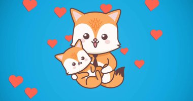 Tilki ailesinin kalp simgelerini kucaklayan bileşimi. Mutlu aile, sevgi ve destek konsepti dijital olarak oluşturulmuş imaj.