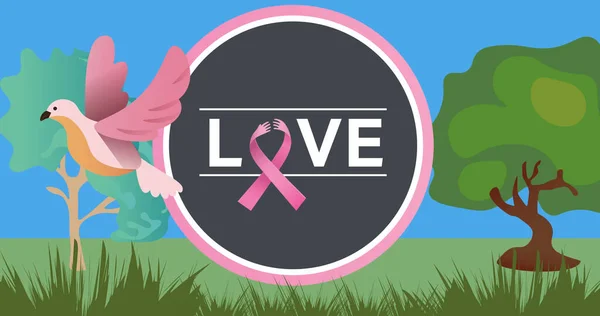 Imagen Del Logotipo Cinta Rosa Texto Amor Sobre Los Árboles — Foto de Stock