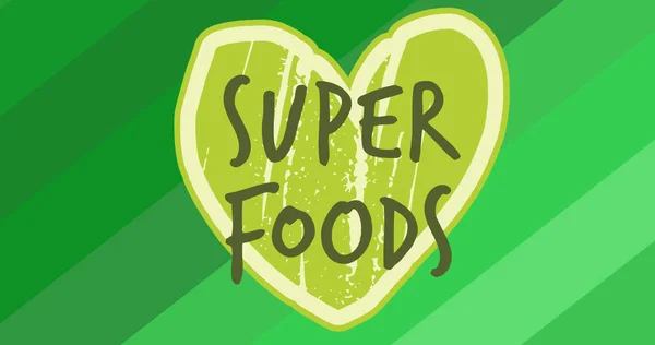 Obrázek Super Potravin Text Zeleném Zeleném Srdci Přes Zelené Diagonální — Stock fotografie