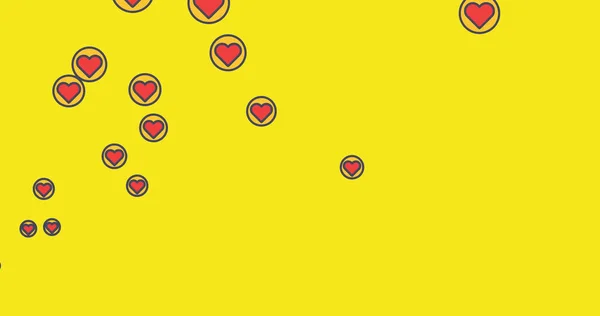 Ψηφιακή Εικόνα Πολλαπλών Κόκκινων Εικονιδίων Καρδιάς Που Επιπλέουν Κίτρινο Φόντο — Φωτογραφία Αρχείου