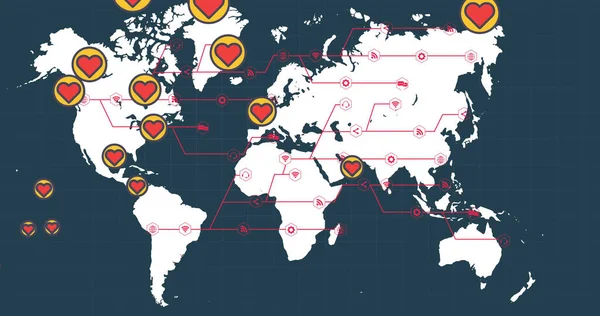 Πολλαπλά Εικονίδια Καρδιά Πάνω Από Τον Παγκόσμιο Χάρτη Μπλε Φόντο — Φωτογραφία Αρχείου