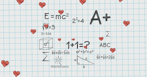 Obraz Serc Nad Równaniami Matematycznymi Szkolnym Notatniku Koncepcja Uczenia Się — Zdjęcie stockowe