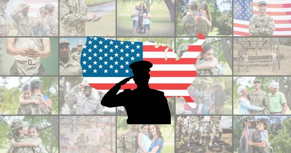 Silhouette Soldier Icon Map American Flag Collage Multiracial Soldier Family — Stock Photo, Image