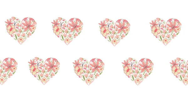 ピンクの花の心の行の構成は白い背景に移動します パターンお祝いロマンス自然概念デジタル的に生成されたイメージ — ストック写真