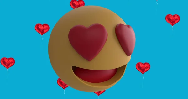 Imagen Emoji Sonriente Con Corazones Rojos Con Iconos Globos Rojos — Foto de Stock