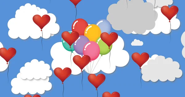 Image Multiple Heart Shaped Multi Coloured Balloons Blue Sky Clouds — Stock Photo, Image