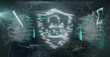 Bilgisayarı kullanan bir kadının veri işleme ve güvenlik kilidinin animasyonu. küresel iletişim ve veri güvenliği konsepti dijital olarak oluşturulmuş video.