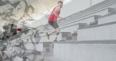 Protez bacağı olan beyaz bir adamın üzerinde dönen bağlantıların animasyonu. Spor ve bağlantılar konsepti dijital olarak oluşturulmuş video.