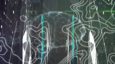 Binaların üzerindeki ikonlar ve beyinle olan bağlantıların animasyonu. küresel iş, finans, bağlantılar ve dijital arayüz konsepti dijital olarak oluşturulmuş video.