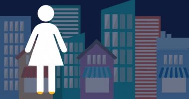 Sosyal medya kadın ikonunun mavi arka planda sarı renkle kaplandığını gösteren bir video. Sosyal medya ve çevrimiçi iletişim konsepti dijital olarak oluşturulmuş video.