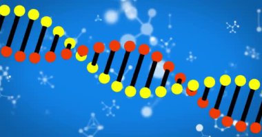 DNA iplikçiklerinin dönmesi ve mavi arka plandaki moleküllerin canlandırılması. Bilim ve araştırma konsepti dijital olarak oluşturulmuş video.