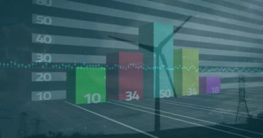 Kırsal alanda rüzgar türbini üzerinde istatistik ve veri işleme animasyonu. Çevre, yenilenebilir enerji ve sürdürülebilirlik kavramı dijital olarak oluşturulmuş video.