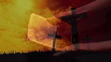 Kafkas kadının haç ve bulutların üzerinde İncil okuduğu animasyon. din ve inanç kavramı dijital olarak oluşturulan video.