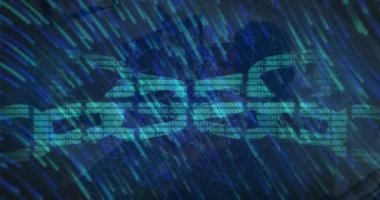 Bilgisayarı kullanan bir kadının veri işleme ve güvenlik kilidinin animasyonu. küresel iletişim ve veri güvenliği konsepti dijital olarak oluşturulmuş video.