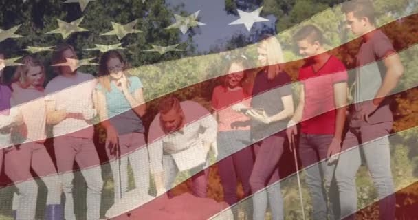 Animation Flag United States America Diverse Group Volunteers Park American — Stock Video
