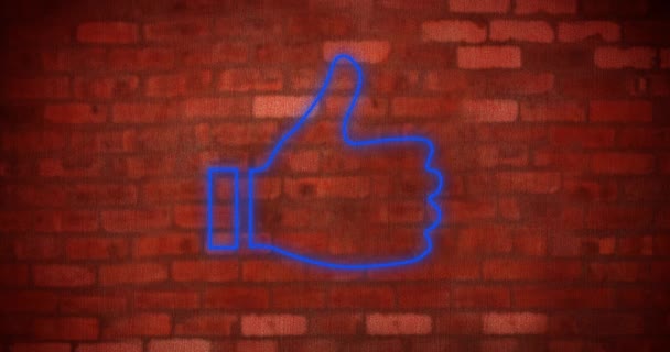 Animation Glowing Neon Thumb Icon Brick Wall Social Media Communication — Stock Video