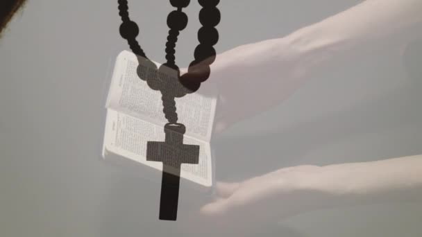 Animation Caucasian Woman Reading Bible Hands Rosary Religion Faith Concept — Stock Video