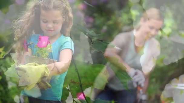 Video Blue Lights Smiling Caucasian Girl Woman Working Garden Community — Stock Video