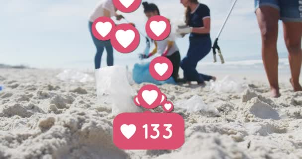在不同的志愿者群体从海滩捡垃圾的过程中 社会媒体心灵感应的动画成了他们的偶像 生态保护义工月数码录影 — 图库视频影像