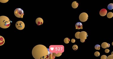 Siyah arka planda yüzen birden fazla yüz emojisi üzerinde artan sayılara sahip kalp simgeleri. Sosyal medya ağı ve teknoloji kavramı