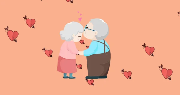 Composition Grandparents Embracing Heart Icons Happy Family Love Support Concept — Stock Photo, Image