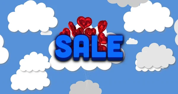 Image Sale Text Red Heart Balloons Clouds Blue Background Happy — Stock Photo, Image