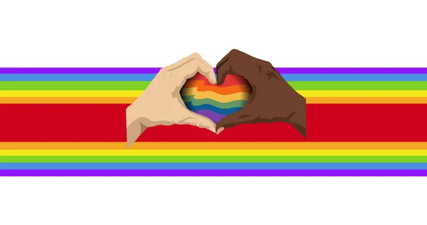 白を背景に虹色のストライプの上にハートシンボルを作る多様な手のイメージ Lgbtq誇りと平等のお祝いの概念デジタル生成された画像 — ストック写真