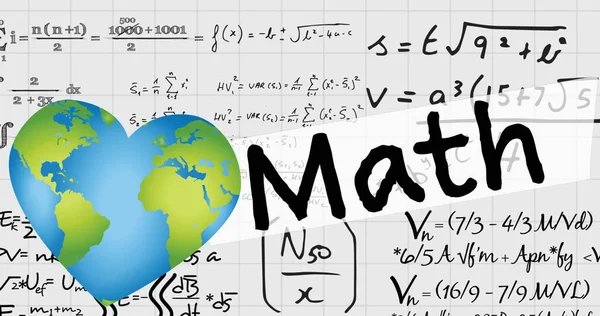 Bild Von Herzglobus Und Mathe Text Über Mathematischen Gleichungen Schulheft — Stockfoto